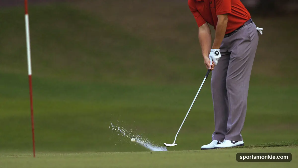 A frustrated golfer watching a wedge shot squirt sideways off the clubface near the green