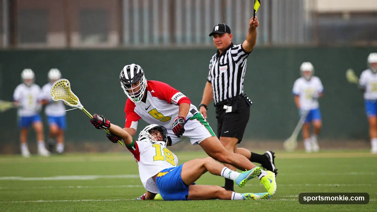 A men's lacrosse defender swinging his stick at an opponent's arm as a referee raises a flag on the field