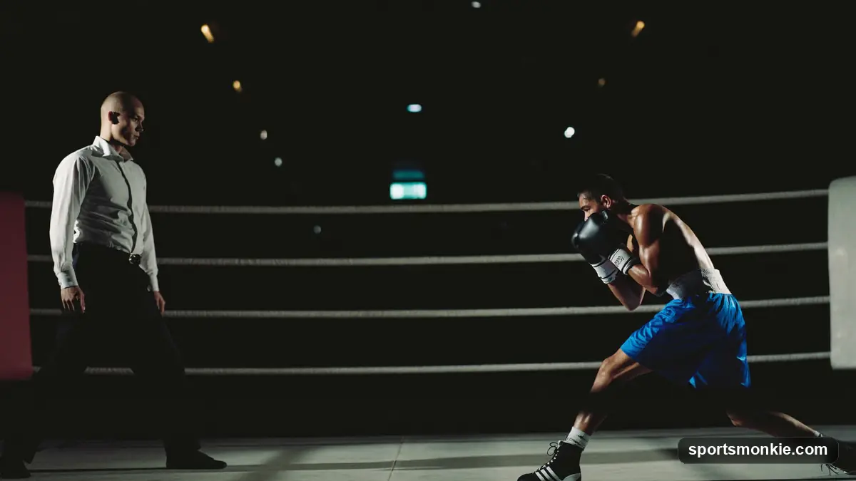 Boxer in a left-handed stance in a dim gym, dramatic side light, focus on the guard