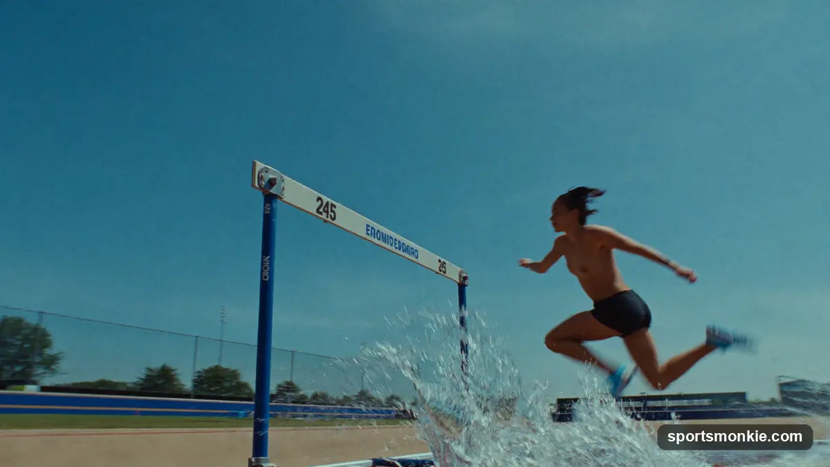 Runners clearing a steeplechase barrier and water jump on an athletics track