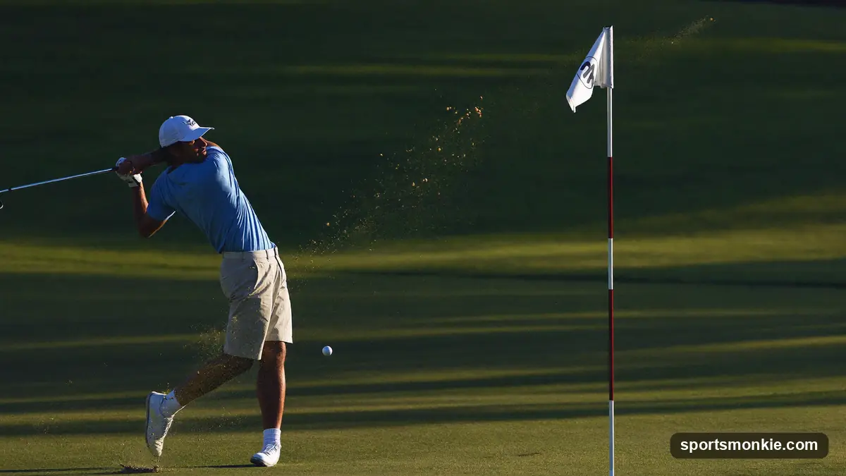 A golfer finishing a low, abbreviated swing after striking a stinger shot off the tee