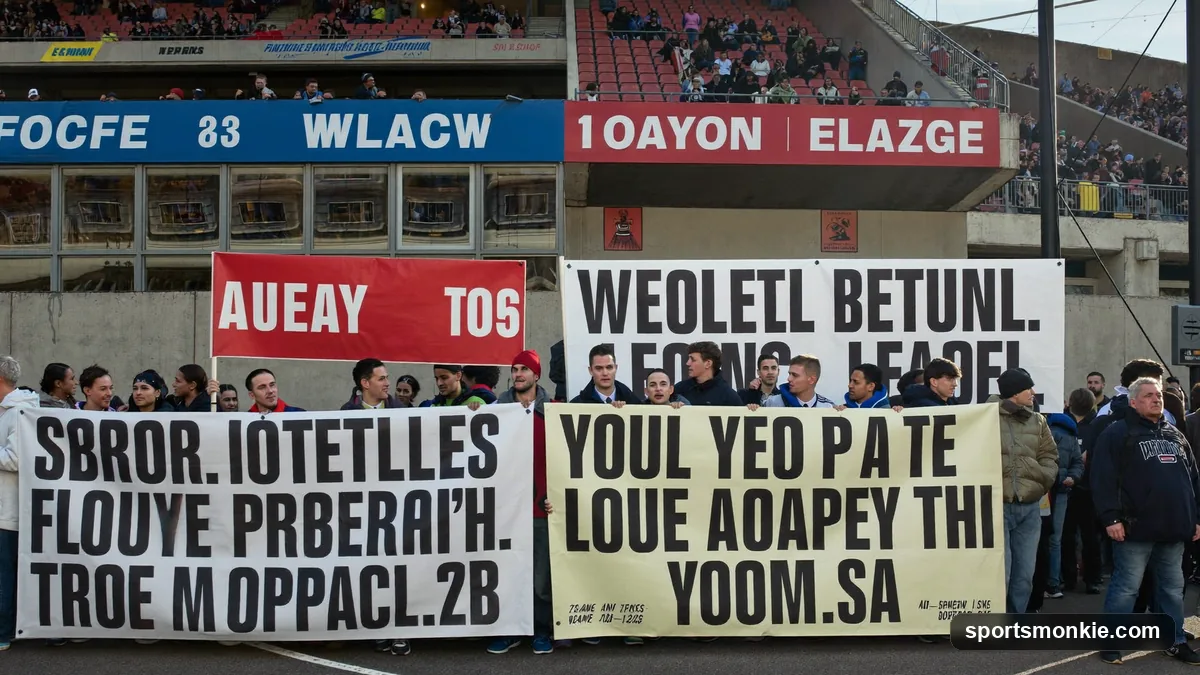 Soccer fans protesting against a breakaway super league outside a stadium
