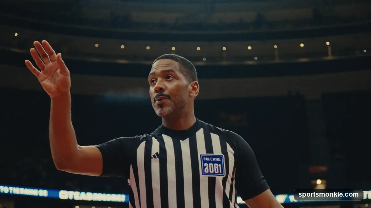 Basketball referee signalling with a whistle on court under arena lights