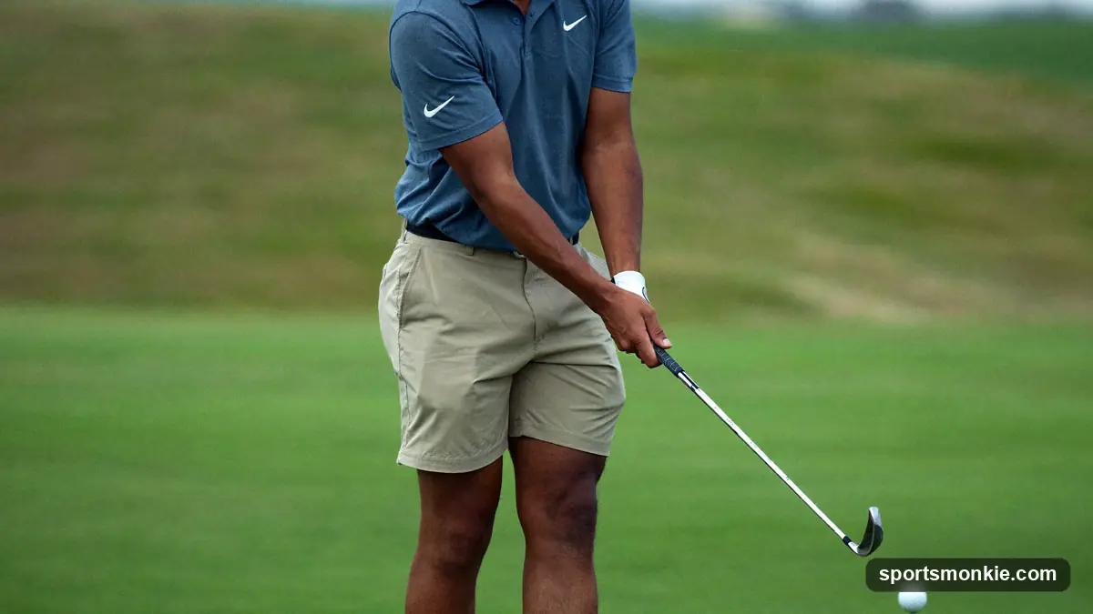A golfer playing a low wedge shot off firm, closely mown fairway turf near the green