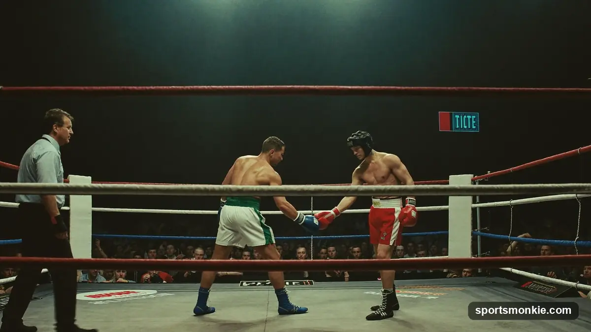 Ringside judges scoring a boxing match with scorecards under the lights