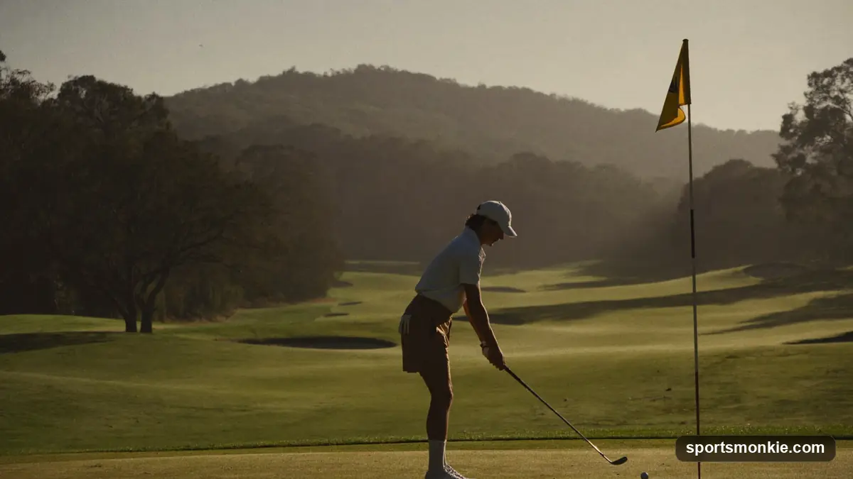 Amateur golfer lining up a shot on a fairway with no tournament sponsorship on display