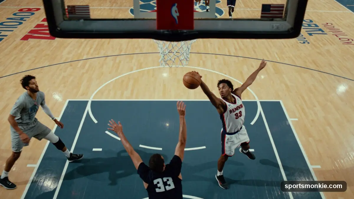 A basketball player finishing at the rim through contact as a defender fouls