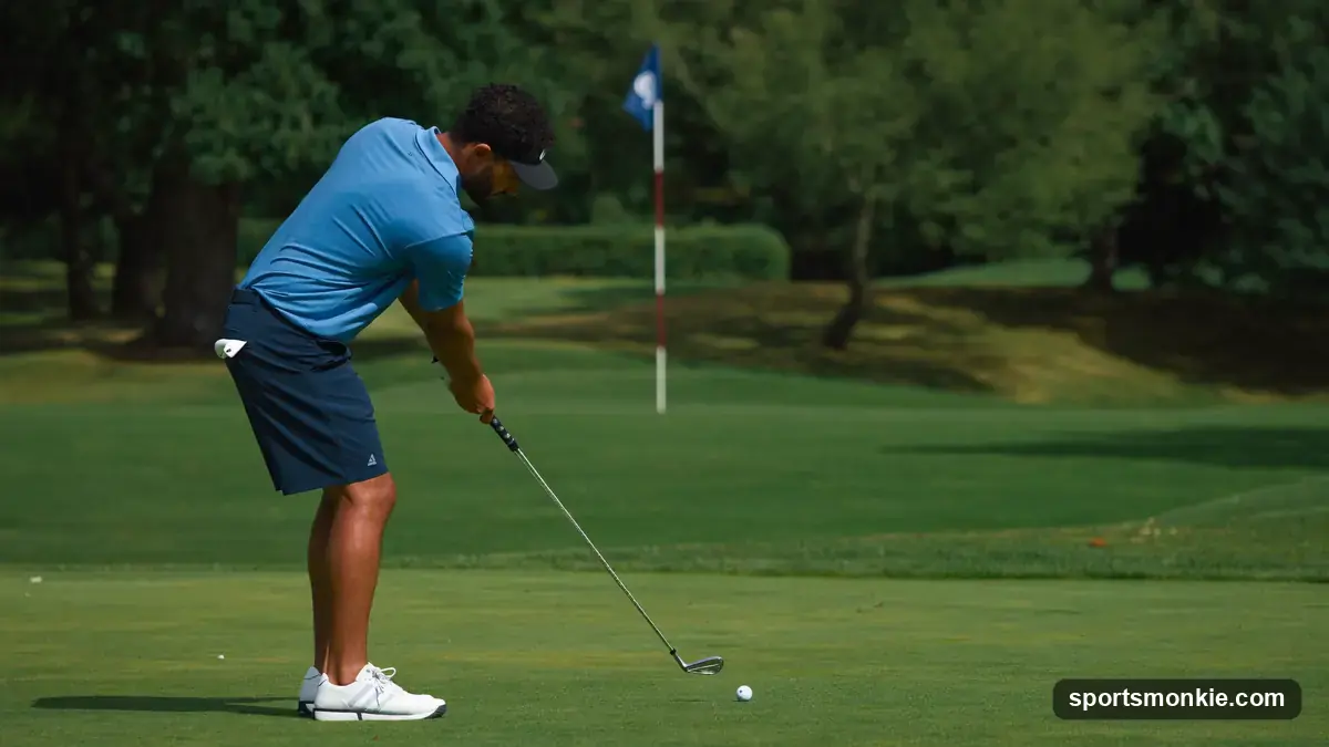 A golfer holing out from the fairway on a par 5 to card an eagle, two under par on the hole