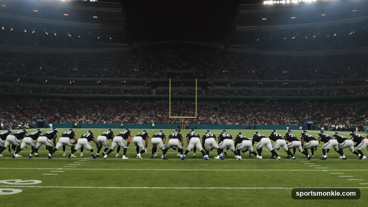 NFL offense lined up at the line of scrimmage showing receivers split wide and linemen inside