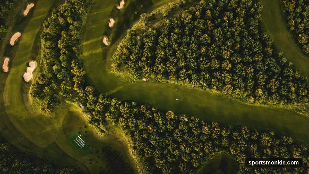 Aerial view of a compact golf course with short holes, tree-lined fairways and small greens