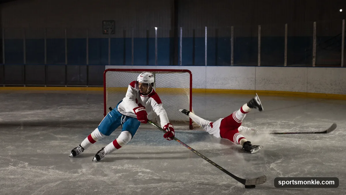 A hockey forward skating hard back toward his own defensive zone to backcheck an opposing rush