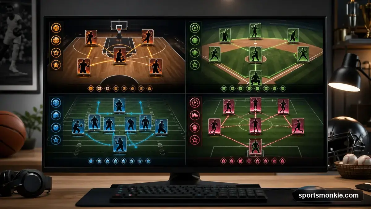 Three sports scoreboards side by side representing basketball, football, and baseball games