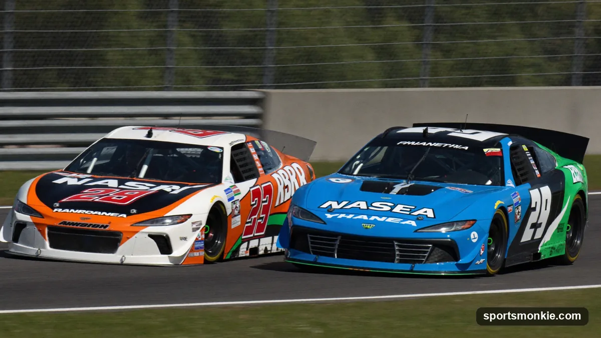 Two NASCAR cars running nose-to-tail in the draft at high speed