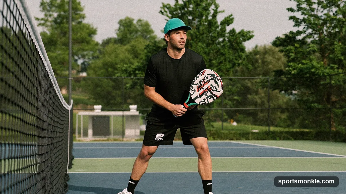 A pickleball player checking a match rating on a phone beside a court