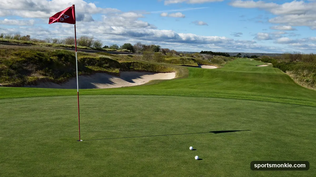 Golfer hitting an approach shot toward a distant green framed by bunkers on a sunny course