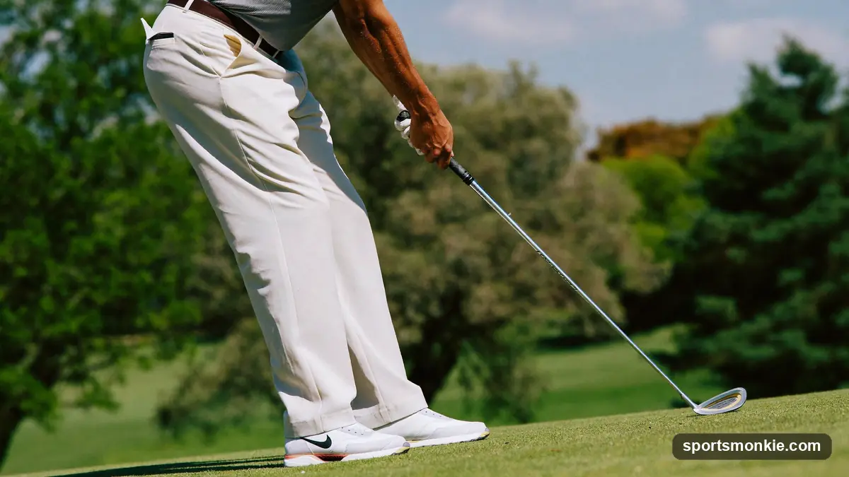 Golfer partway into the downswing on a fairway, wrists still hinged before releasing into the ball