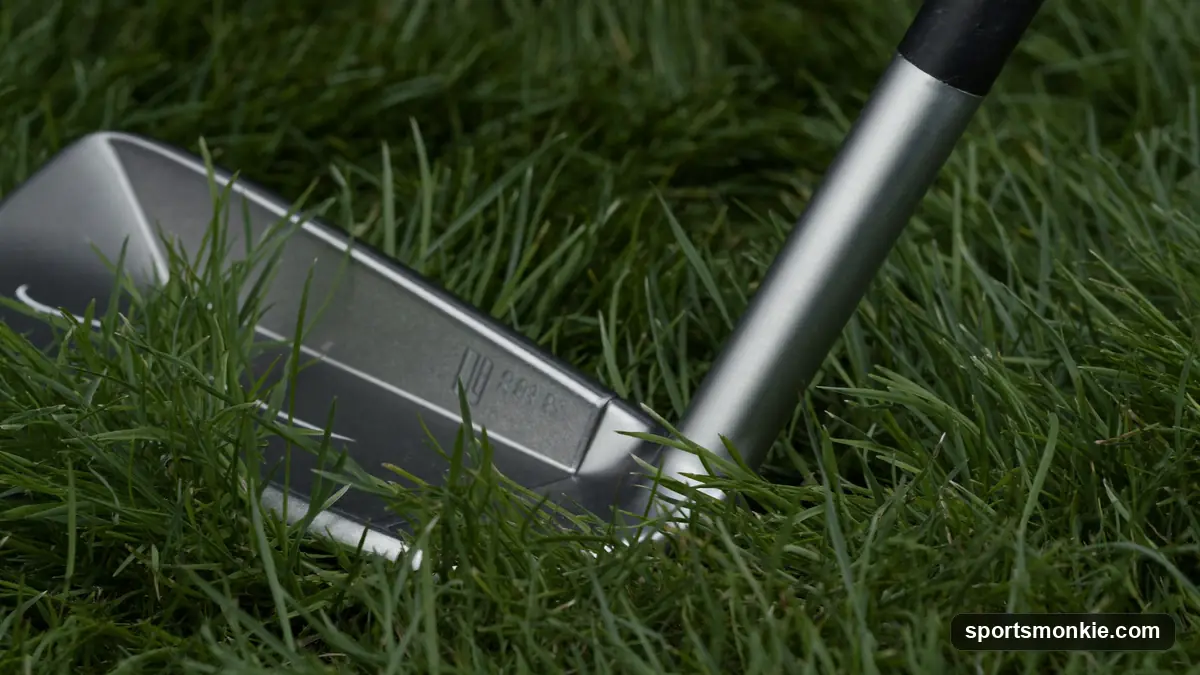Close-up of an iron's hosel and leading edge resting on turf