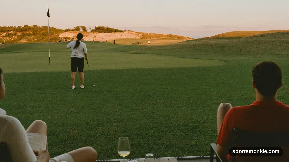 Golfers relaxing with drinks at a clubhouse bar after a round of golf