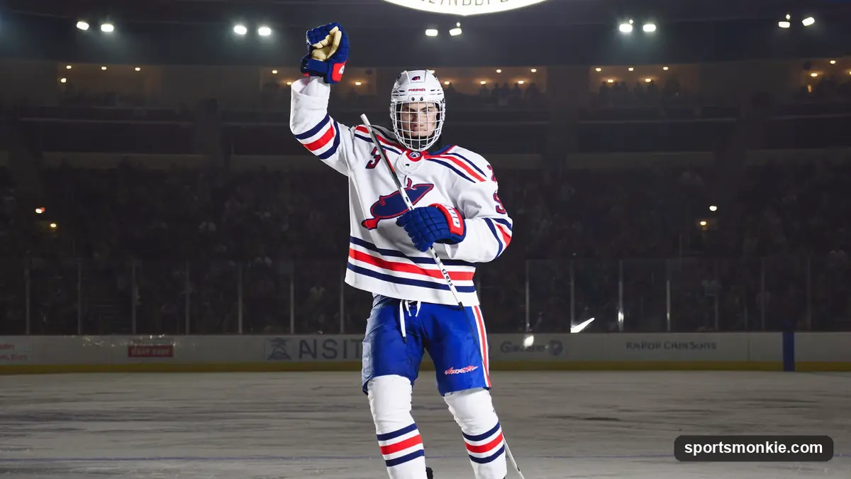 NHL rookie skating up the ice during a game under arena lights