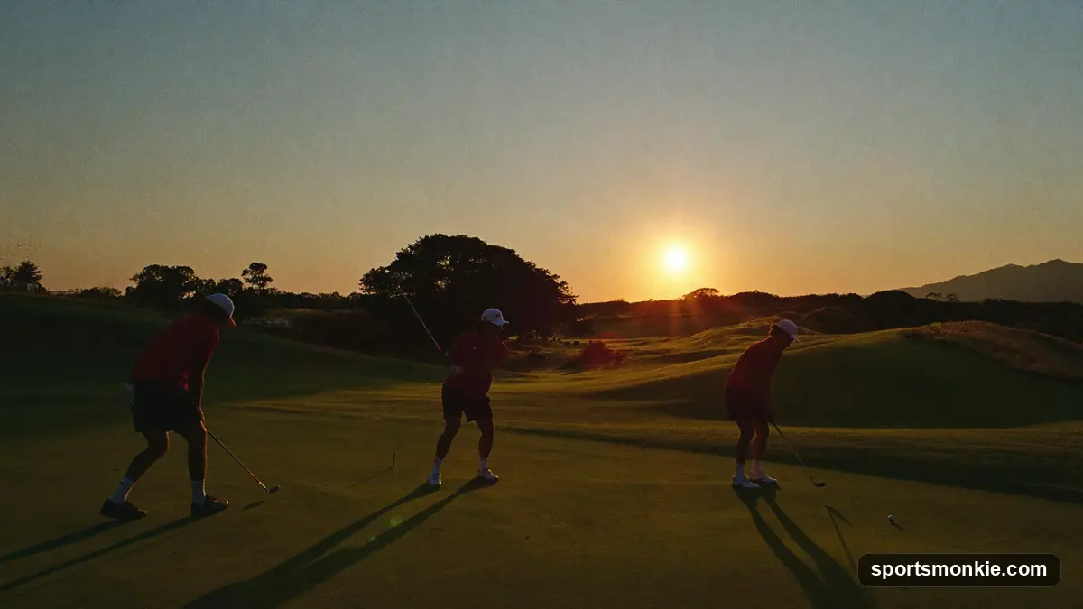 Golfers walking a fairway in warm late-afternoon light with long shadows