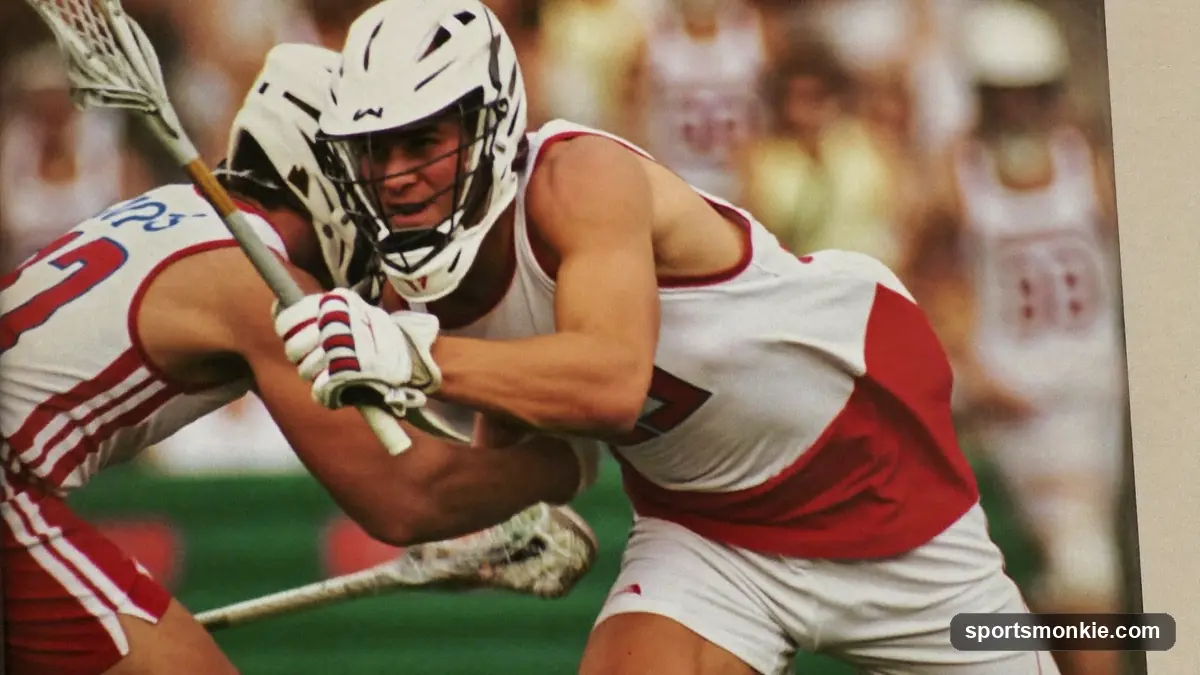 A lacrosse attackman shielding his stick with his body while a defender reaches in with a check