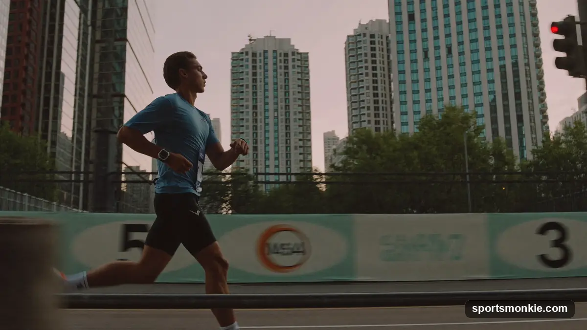 Marathon runner checking a sports watch mid-stride on a city street in morning light
