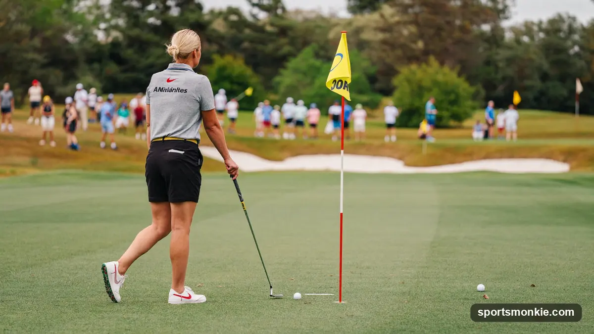 A golfer choosing a tee box on an open course with markers of different colours ahead