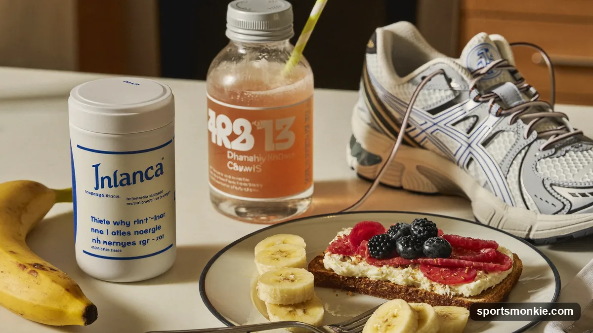 A runner's pre-run breakfast of banana, toast with honey, and a glass of water on a kitchen counter