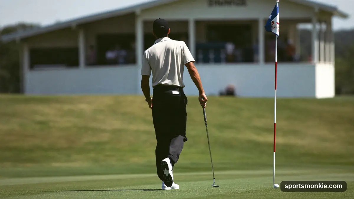 A golfer in a collared polo and tailored shorts pulling a golf shoe from a bag beside a clubhouse