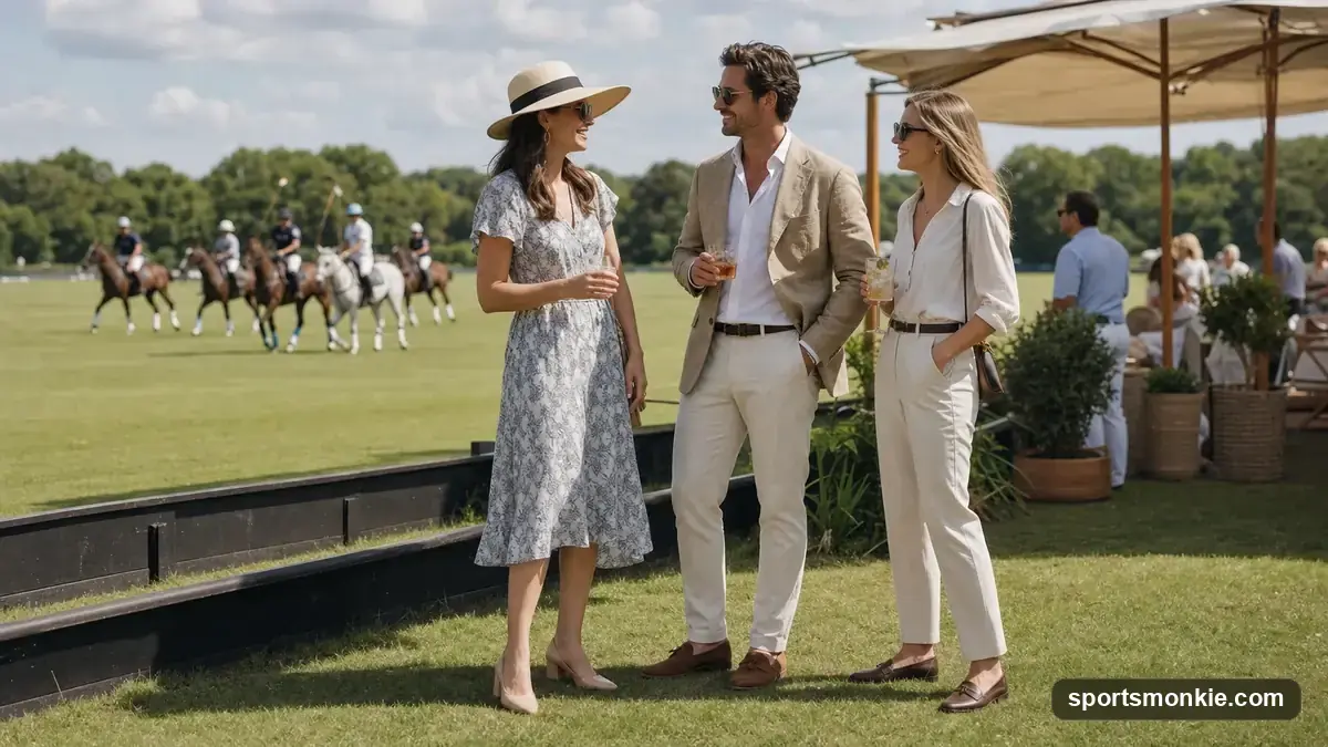 Spectators in sundresses, sun hats, and collared shirts walking the grass field during a polo match divot stomp