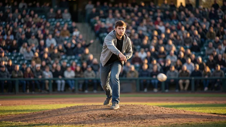 A generic young man in plain casual clothes throwing a ceremonial first pitch from a baseball mound while a packed crowd looks on, editorial graphic
