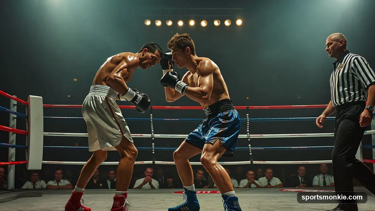 Two boxers tied up in a clinch as the referee moves in to separate them