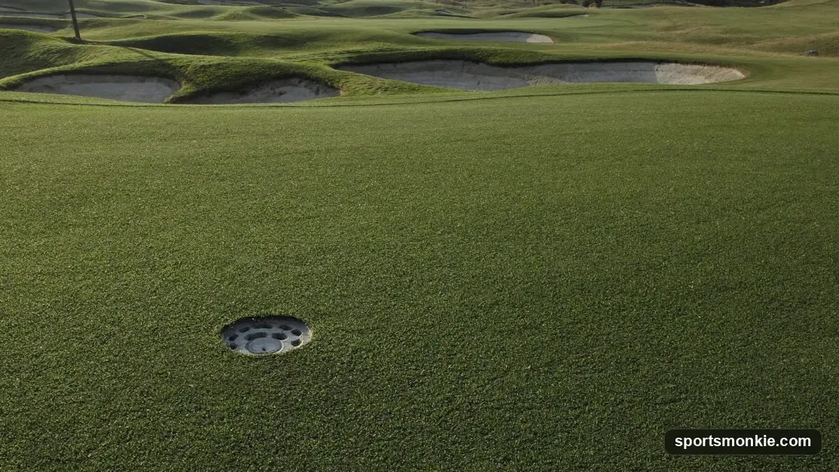 A freshly core-aerated putting green covered with small holes and a light dusting of topdressing sand