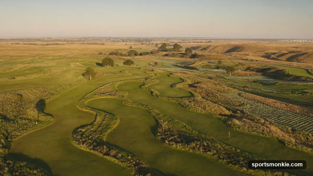 Wide view of a historic Scottish links golf course under an open sky