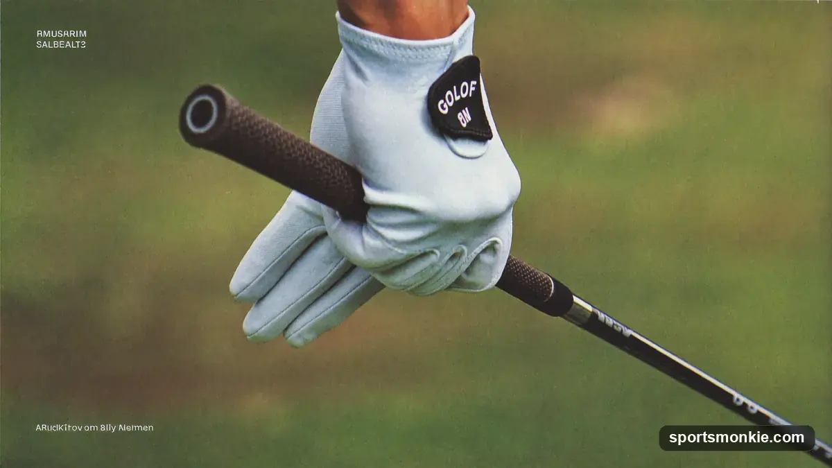A golfer's gloved lead hand gripping a club at the top of the grip