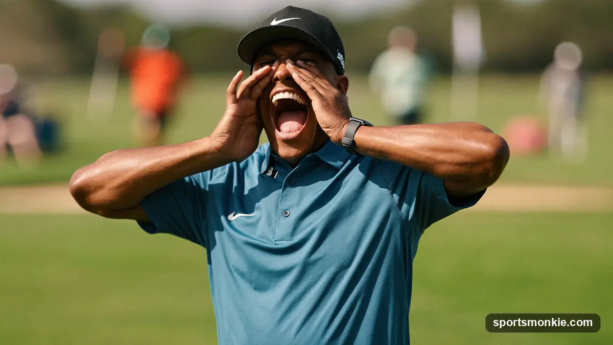 A golfer cupping hands to shout across the fairway after a tee shot