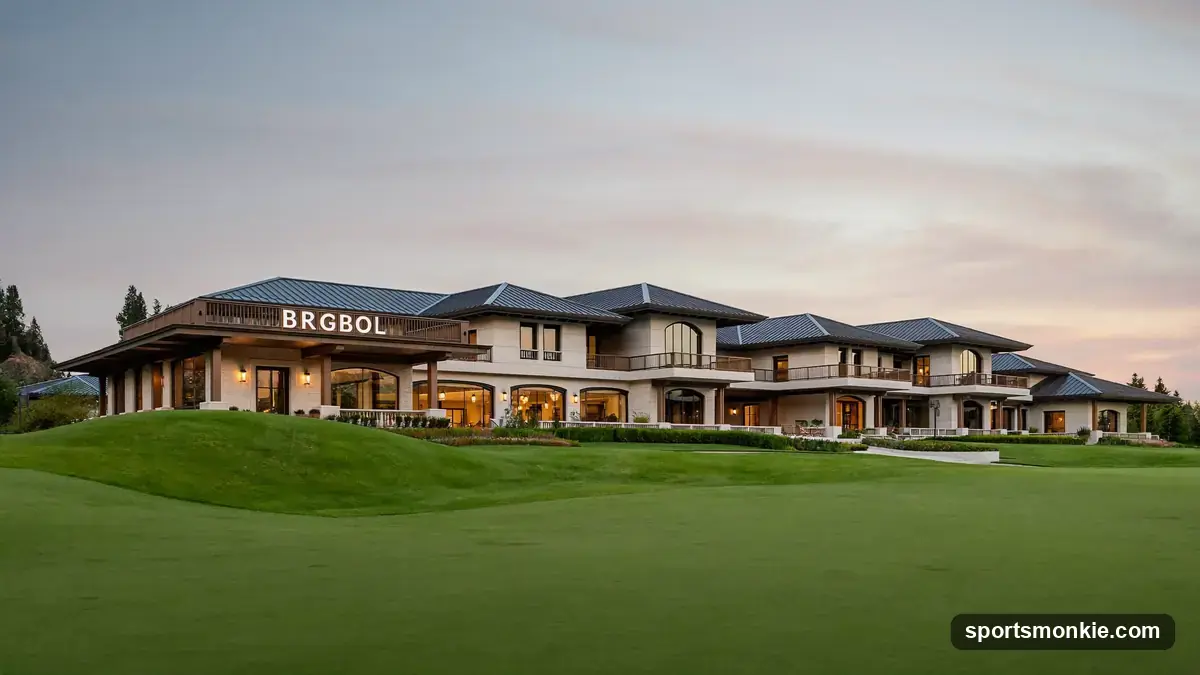 A golfer at an upscale course with clubs, cart and clubhouse, illustrating the many costs of golf