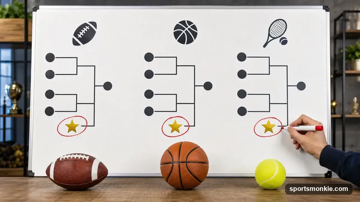 A playoff bracket on a whiteboard with one lower slot circled in marker, marker resting on the tray