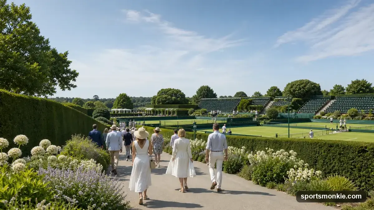 Fans on Henman Hill watching Wimbledon on the big screen with the outer courts behind them