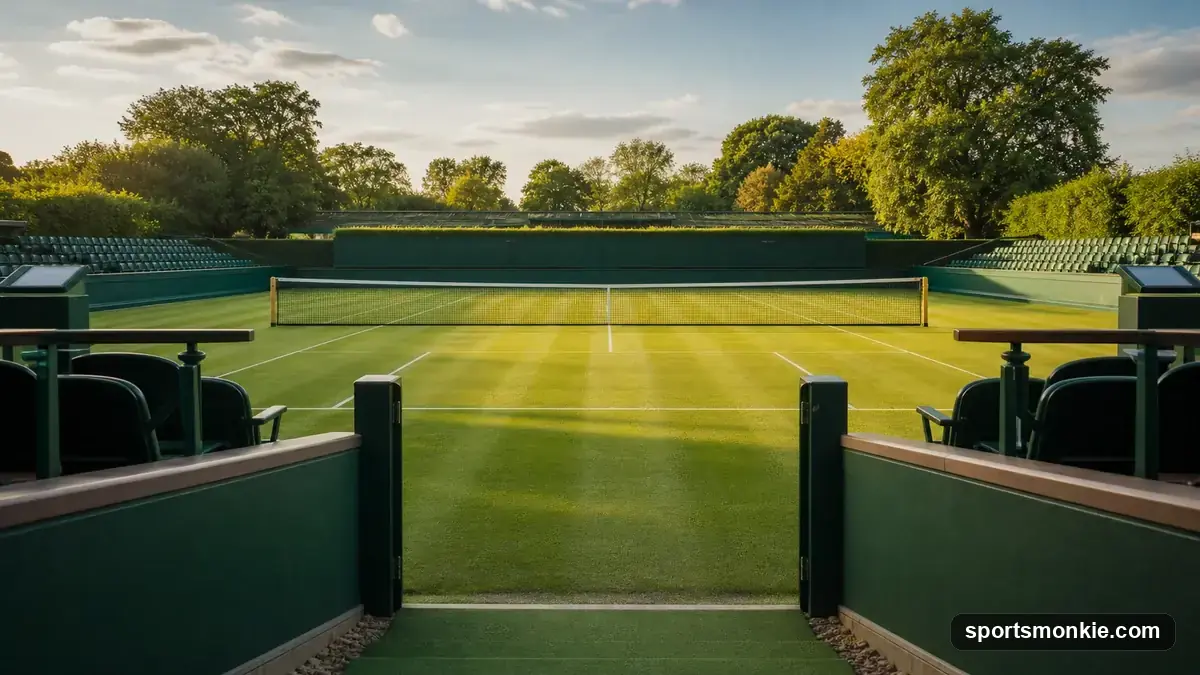 Fans queuing with tents in Wimbledon Park for The Queue, with Centre Court in the background
