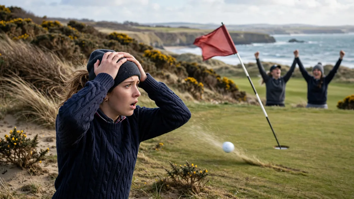 A college golfer in a beanie and dark sweater holds her head in disbelief on a windswept links green by the sea as her ball rolls back toward the hole and her playing partners celebrate behind her, editorial graphic. AI-generated illustration, not the Jubilee Course or any real player.