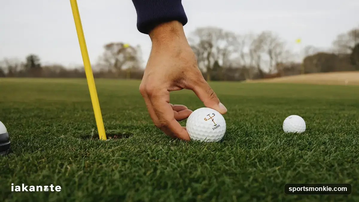 A golf ball being placed by hand on a muddy winter fairway under preferred lies