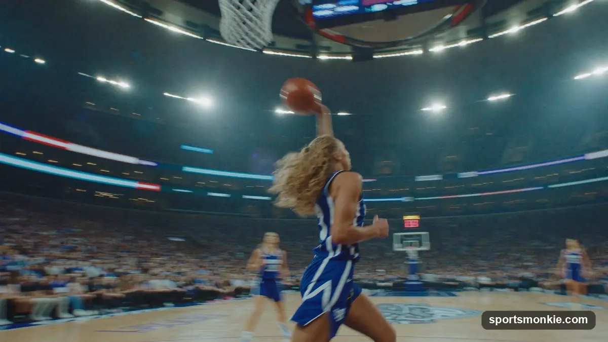 A WNBA guard driving to the basket in a packed arena, with the shot clock and scoreboard visible above the backboard
