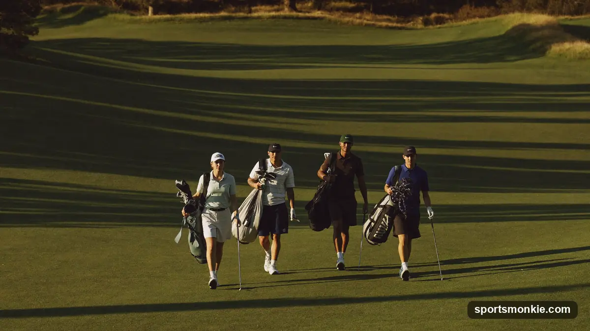 Group of four golfers on a tee box, one waiting to hit last as the Wolf