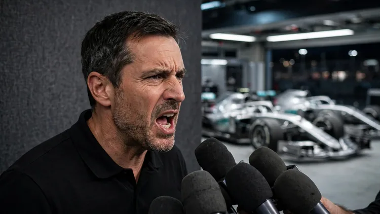 A generic Formula 1 team principal in a plain black polo speaking angrily into a cluster of press microphones while two identical silver Formula 1 cars sit side by side in a garage behind him, editorial graphic