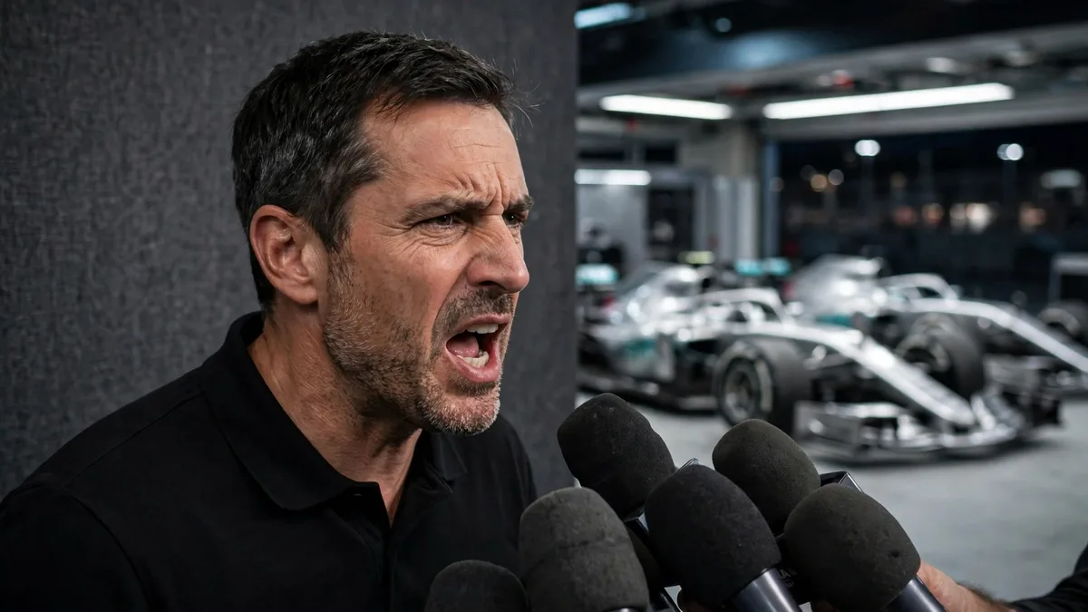 A generic Formula 1 team principal in a plain black polo speaking angrily into a cluster of press microphones while two identical silver Formula 1 cars sit side by side in a garage behind him, editorial graphic