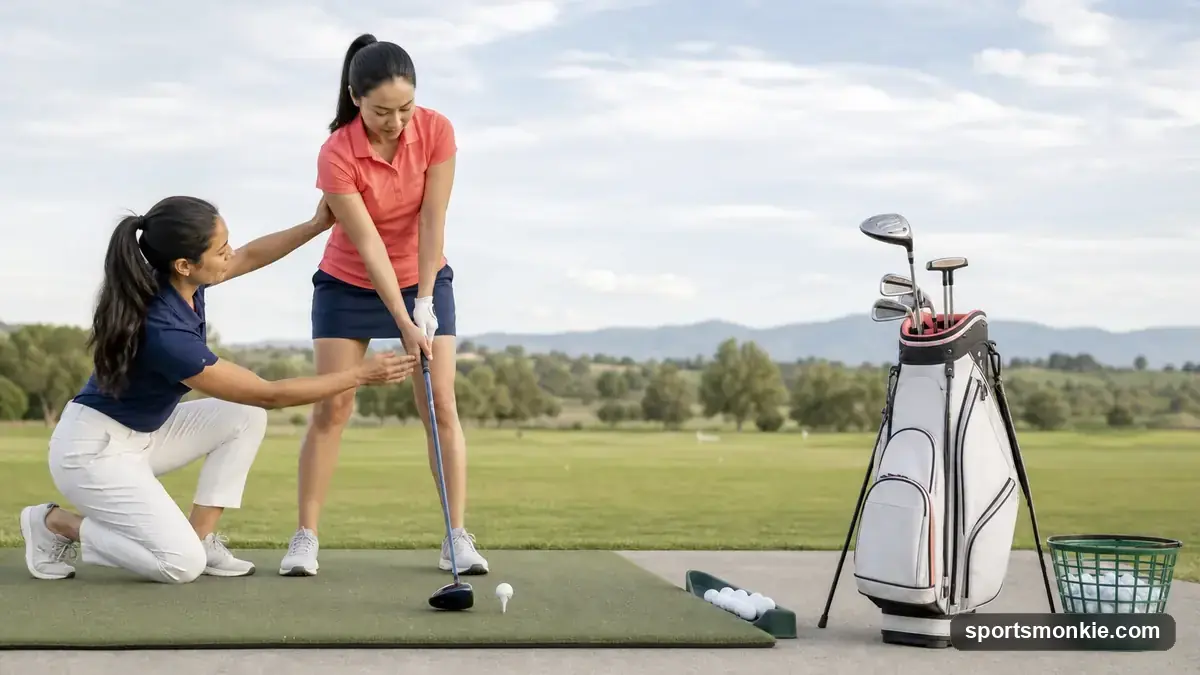 Woman beginner golfer holding a lightweight women's golf iron on the driving range next to a bag of clubs