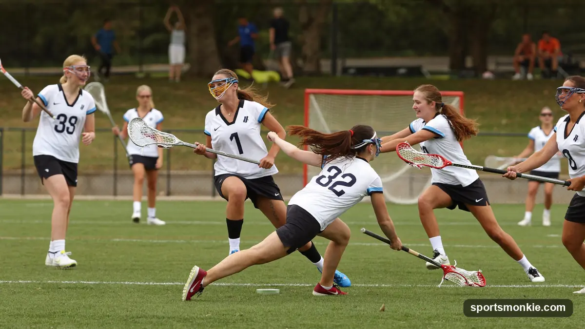 Women's lacrosse players in attack and defense contesting the ball near the goal circle during a match