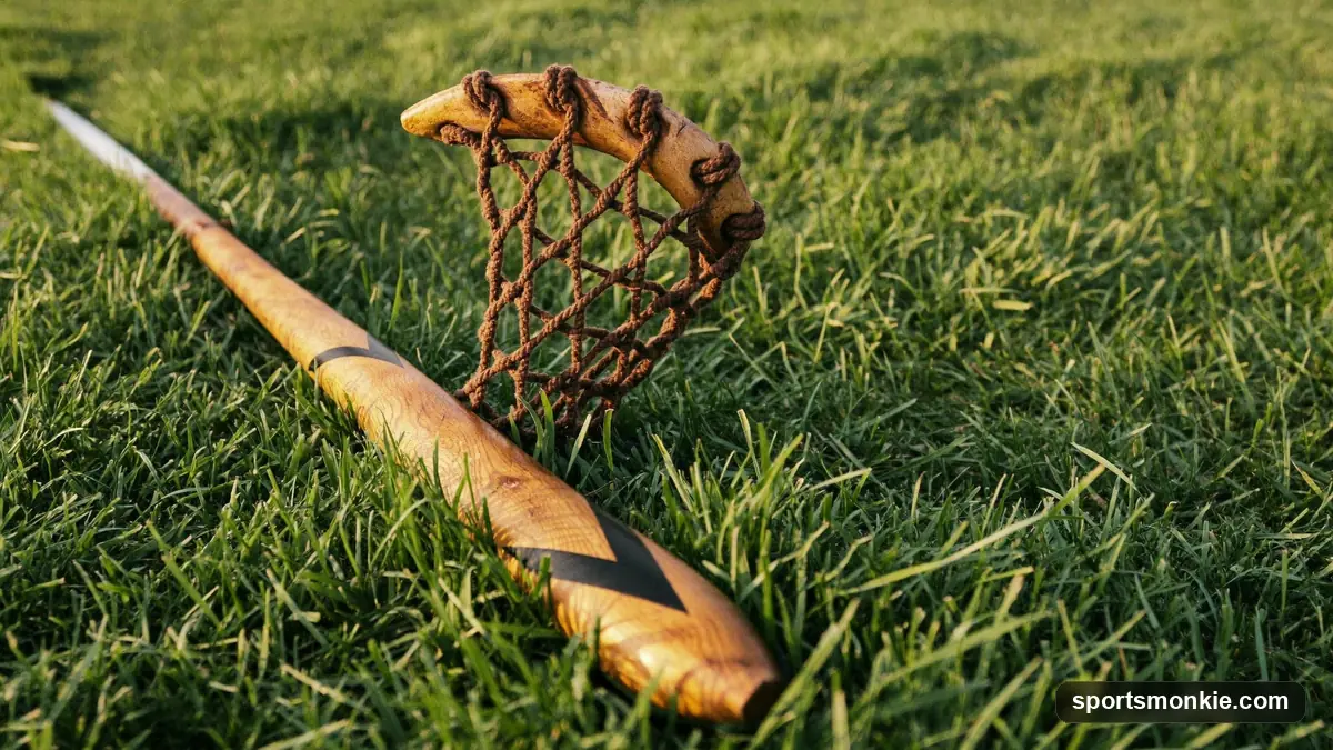 A hand-carved hickory lacrosse stick with leather stringing resting on grass beside a modern plastic stick for scale
