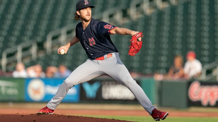 File photo from May 30, 2023: Jake Woodford pitching for the Memphis Redbirds at Werner Park, three seasons before he played for both World Series clubs in one year. It does not show a 2026 game.